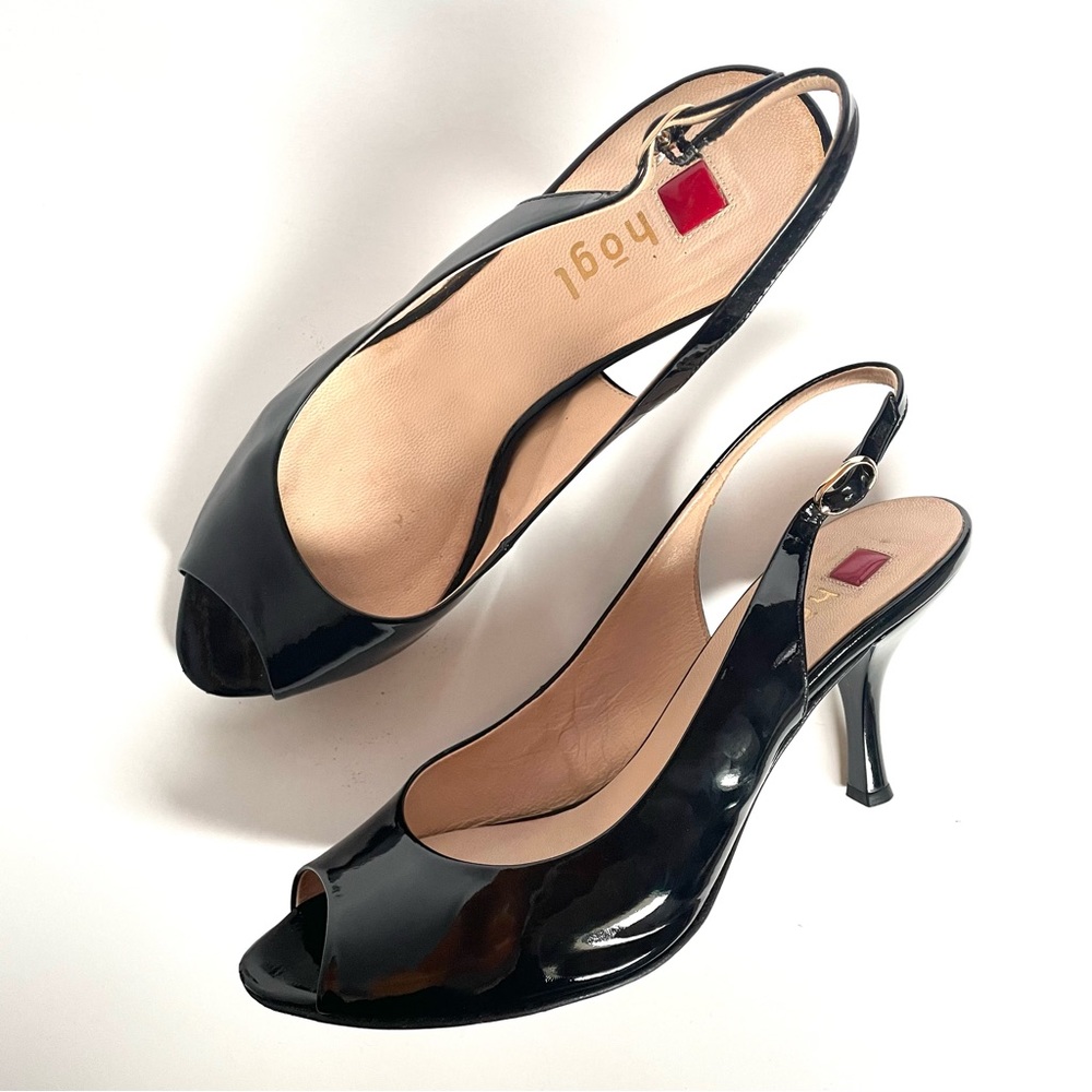 Hōgl (hogl) black patent leather pumps.
